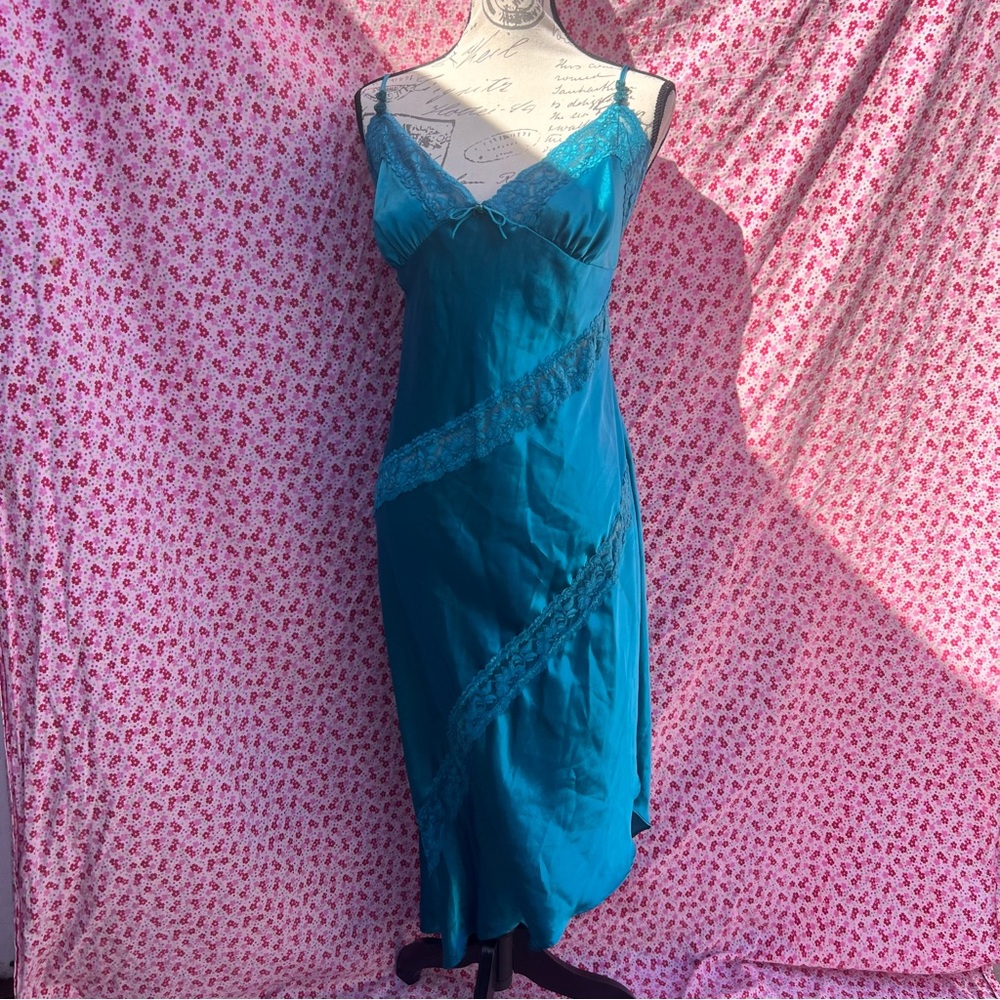 “Delicates” turquoise lace babydoll slip dress